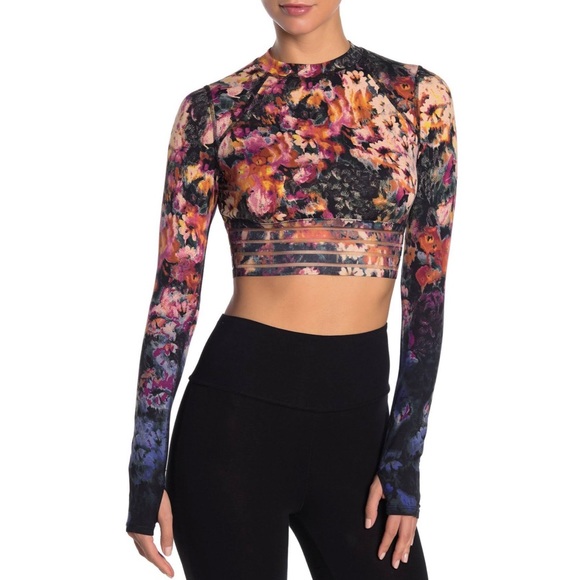 SOLD! Free People Movement Idris Floral Mesh Long Sleeve Crop Top Size Medium - Picture 1 of 12